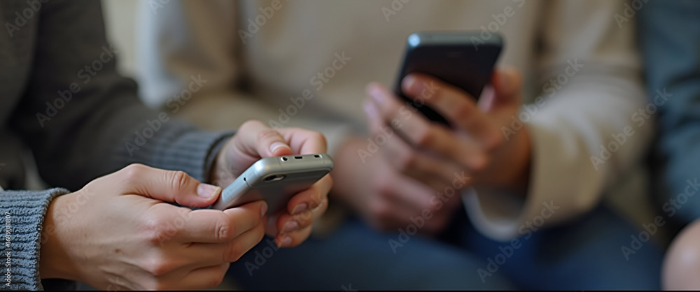 Poster close-up of friends' hands interacting with smartphone, showcasing social connectivity and technolog