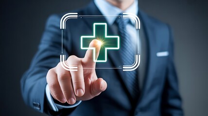 Businessman Touching Green Plus Sign Icon for Healthcare Technology Innovation