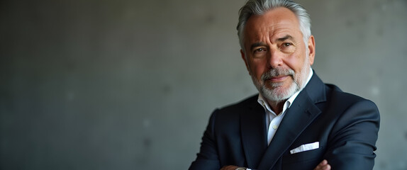 Strong father figure in commanding portrait showcasing resilience, integrity, and leadership; modern refinement and artistic composition with empty space for text.