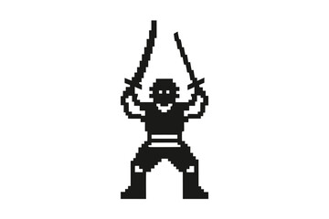 Pixelated Warrior with Swords Raised in Triumph, Design, White Background