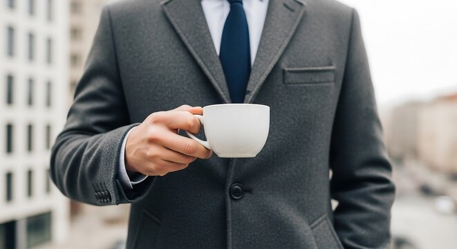 Plain white coffee cup held by man in tailored grey coat, soft-focus city buildings background, lifestyle stock photography for modern branding and urban advertising