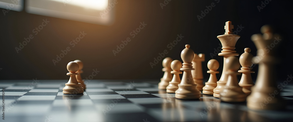 Poster chess pieces on chessboard at game start: highlighting strategic gameplay and intellectual competiti