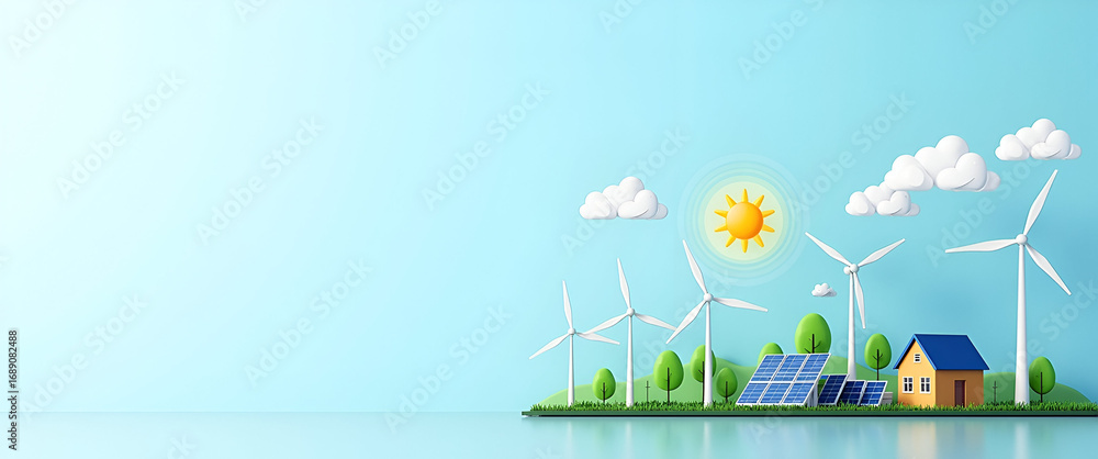 Poster illustration of renewable energy solutions: solar panels, wind turbines, and battery storage workflo