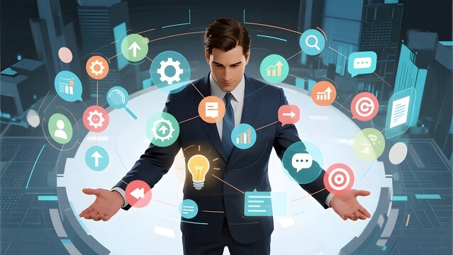 Businessman in a suit surrounded by digital icons and a futuristic cityscape background