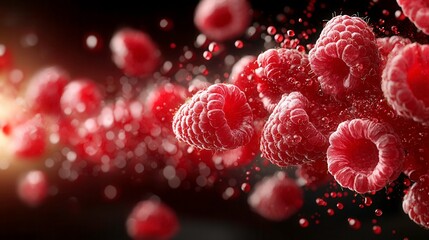Fototapeta premium Vivid Red Raspberries with Water Splashes on Dark Background