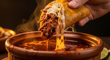 Spicy birria taco dipped in consommé with cheese stretch, rustic clay bowl and moody background, cinematic restaurant food photography for authentic Mexican branding