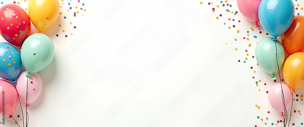 Poster international day of happiness: playful balloons and colorful confetti frame with empty space for te