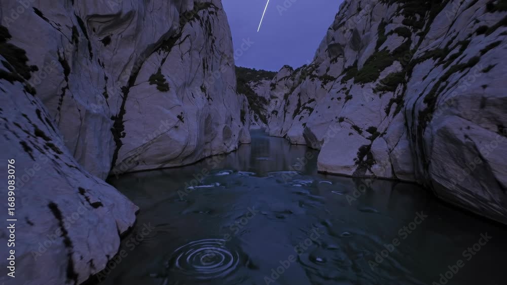 Poster serene gorge at dusk with a calm river flowing between rocky cliffs under a twilight sky, creating a