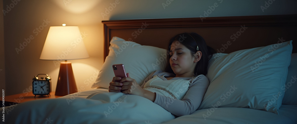 Poster individual places smartphone aside embracing no screen bedtime resting gaze on bedside clock under c