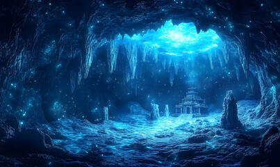Glowing blue cave with intricate icicles. A fantasy temple sits inside this mystic, crystalline grotto, evoking serene atmosphere