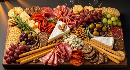 Gourmet charcuterie board with cheeses, cured meats, olives, grapes, and crackers on rustic wooden surface, wine glasses blurred in background, warm editorial entertaining photography