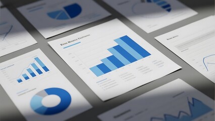 Stacked business charts and graphs displayed on overlapping papers