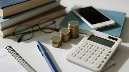 Desk setup with calculator, coins, smartphone, books, and glasses, suggesting financial planning or accounting tasks.