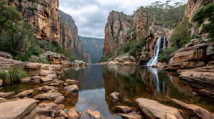 Obraz premium A waterfall cascading into a calm pool surrounded by rocky cliffs and lush vegetation.