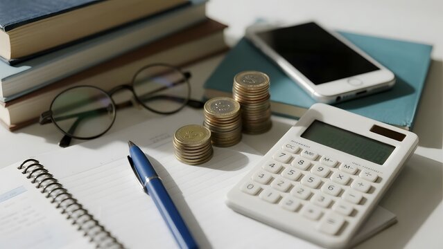Desk setup with calculator, coins, smartphone, books, and glasses, suggesting financial planning or accounting tasks.
