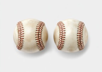 Two weathered baseballs, positioned side-by-side, against a plain white background.  The balls exhibit a light cream color with distinct red stitching