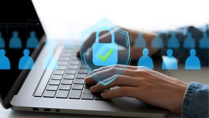 Hand typing on a laptop with a digital padlock icon, symbolizing cybersecurity and data protection.