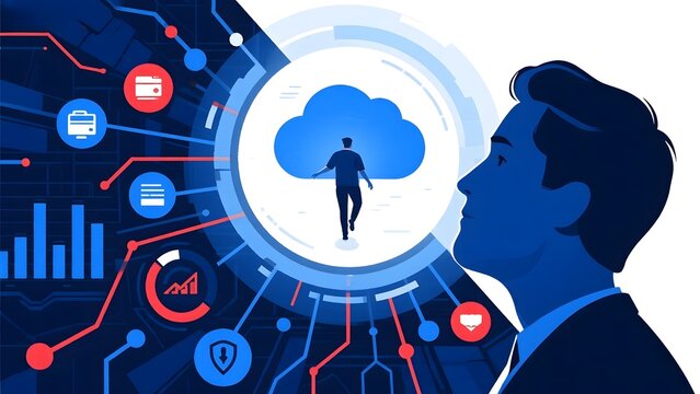 Businessman Observing a Figure Walking Towards a Cloud, Surrounded by Digital Icons