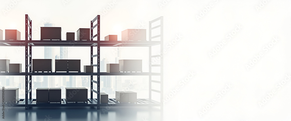 Poster photo realistic double exposure: silhouette of a storage shelf with space optimization chart for war