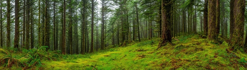 A lush, green forest floor, teeming with moss and ferns, leads through a dense stand of tall evergreen trees.