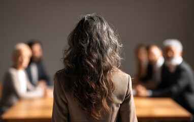 A woman stands at a conference table, back facing the viewer. A group of colleagues sitting blurred around the table, with focus on the woman?s hair
