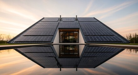 Contemporary eco-house with angled solar panels on sloped roof, frontal low perspective with reflecting pool in foreground, pastel evening sky in background, soft ambient light, architectural photogra