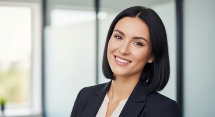 Fototapeta premium Portrait of a confident young professional woman with a blazer smiling in an office setting, concept for business leadership, career success and female empowerment