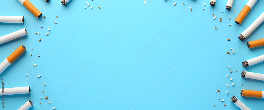 Poster blue and white broken cigarette border with copy space for world no tobacco day - design frame for a
