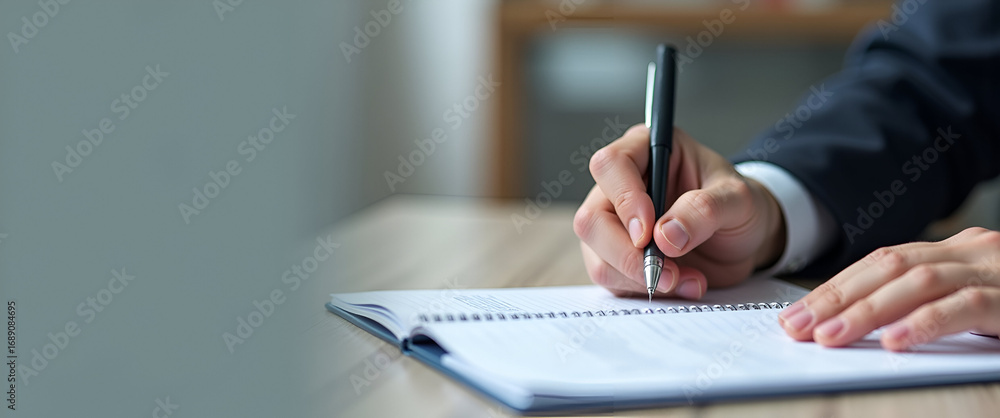 Poster man's hand holding pen writing on notebook: note taking, planning, and professional documentation co