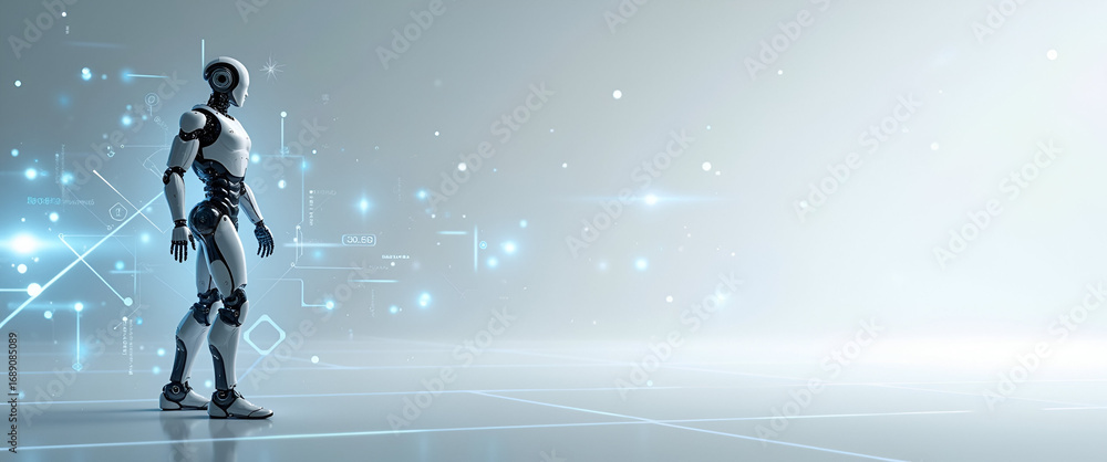 Poster futuristic ai-enhanced robotic prosthetics: sleek digital visuals in minimalist style with vast empt
