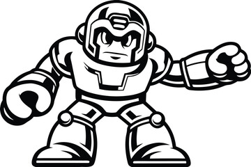 Retro Black Outline Robot Character in Action Pose with a White Background