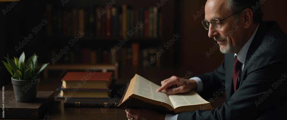 Poster distinguished father reading in elegant study: intellectual pursuit and refined literary enjoyment w