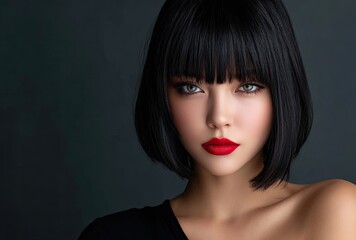 a model with sleek, straight black hair in an elegant bob cut hairstyle is set against a simple background to highlight the glossy texture and natural color of her hair