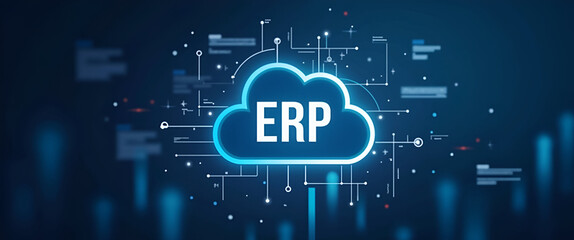 Photo realistic ERP interface and cloud icon design with ample space for text and graphics, ideal for illustrating cloud ERP solutions and digital transformation.