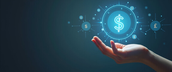 A Hand Showcasing a Holographic Management Icon for Profit Management in a Minimalist Financial Context with Empty Space