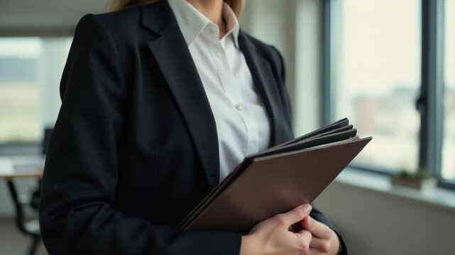 A professional woman holds a folder in her hand, ready to present or discuss