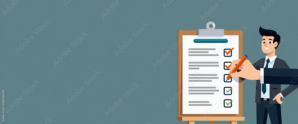 Aufkleber businessman evaluating quality and efficiency: checking document list with checkboxes for regulation