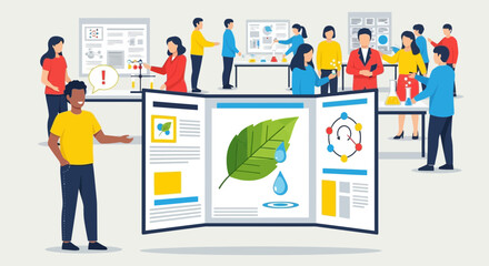 Science fair illustration showcasing diverse students presenting their projects, promoting