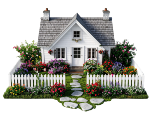Cozy House in the Garden with Flowers – Romantic Flat Lay Style