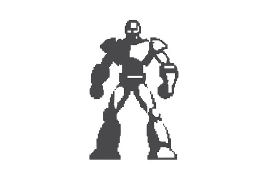 pixelated robot standing, black and white clip art preview