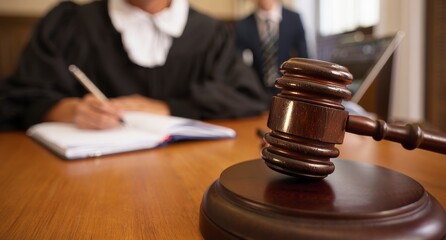 Judge's Gavel on Podium with Legal Documents in Background