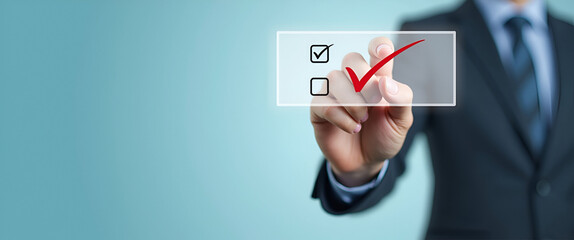 Businessman hand touching tick correct sign mark on checkbox from checklist business selection choice concept concept as Businessman marking correct tick on checkbox from checklist illustrating busine