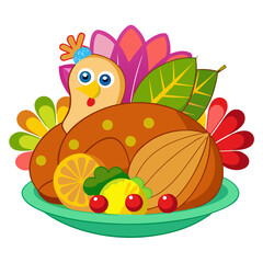Vibrant roasted thanksgiving turkey illustration with festive autumn colors