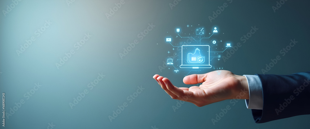 Poster a hand showcasing holographic digital advertising icon in a minimalist setting with empty space for 