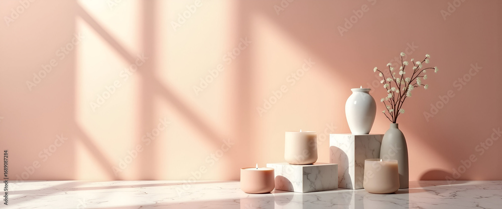 Poster elegant soft product tones ad showcasing luxury candle collection displayed on marble blocks with de