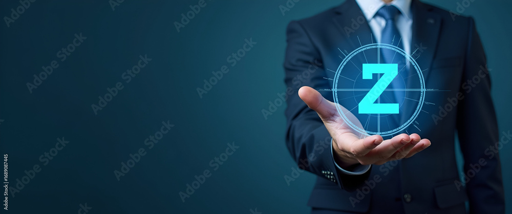 Poster zero trust security concept: businessman holding virtual zero trust icon for information security & 