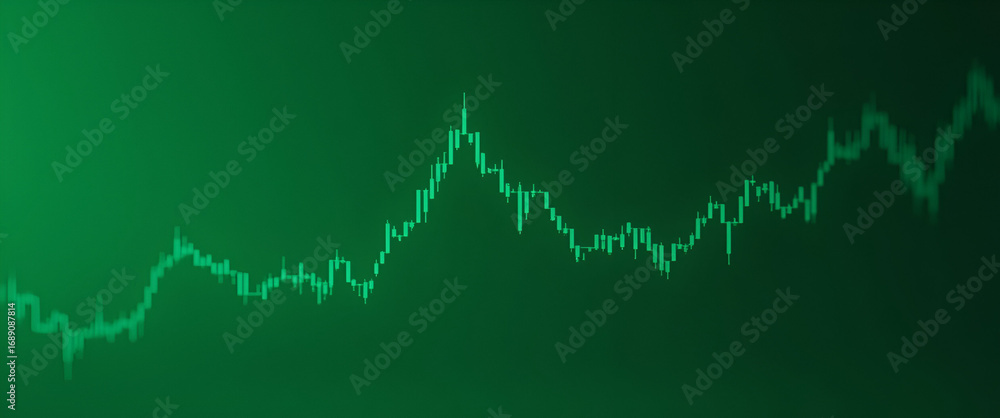 Poster stock market bull market trading: uptrend graph on green background with rising prices enhanced by g