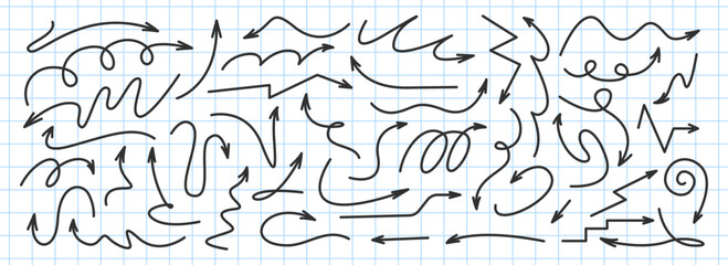 Arrows set, Various simple lines. Simple Arrow lines collection on squared notebook sheet, hand drawn black Arrows in various style. Background in the cell