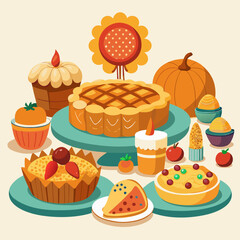Festive thanksgiving baked goods and pies arrangement