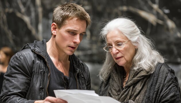 An older woman with glasses and a younger man study papers in front of a dark, abstract background. They appear engaged and concerned about the document